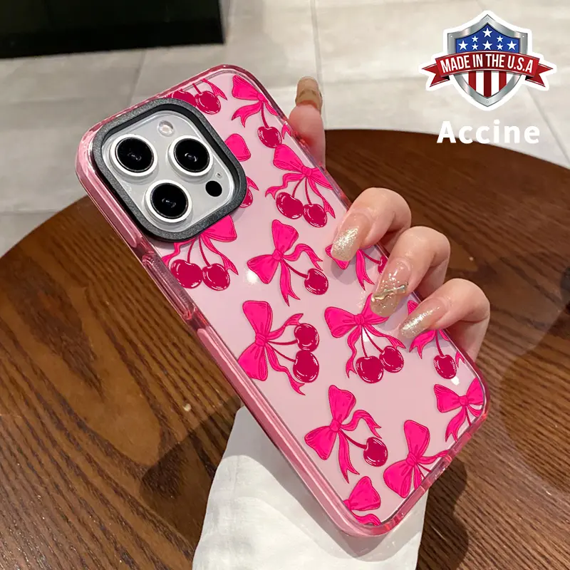 Phone case for iPhone 16 Pro Max 15 Plus 14 13 12 11 Cherry Bow Delight Non-Yellowing Silicone Transparent Drop Protective Cover