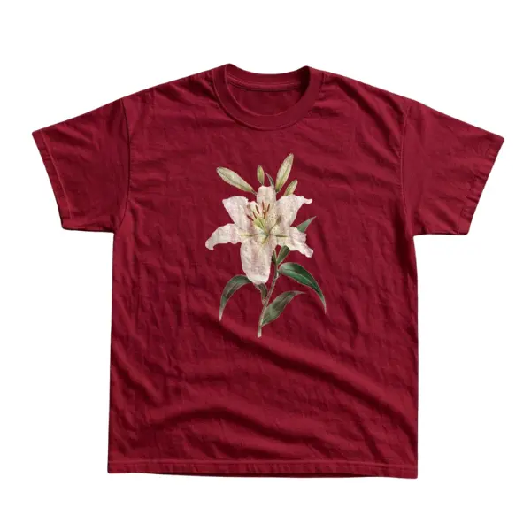 Women's Vintage White Lily Graphic Cotton Crewneck Short-Sleeve T-Shirt - Elegant Botanical Floral Bloom Art Print, Nature Inspired Garden Aesthetic Casual Summer Tee, Cottagecore Flower Lover Gift