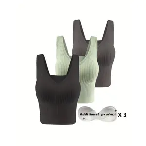 3pcs Ribbed Tank Top, Casual & Comfortable Wireless Vest Bra With Detachable Chest Pads, Women's Lingerie Underwear