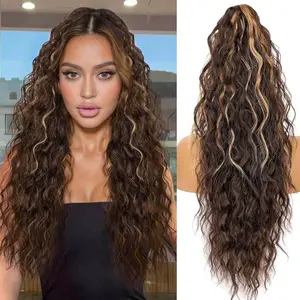 Plodon natural wave Chocolate Brown with Caramel Blonde claw clip ponytail extensions 18/20/30 inches long heat-resistant and easy to maintain synthetic wig summervibes woman girl