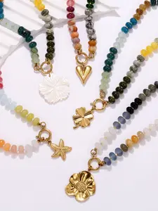 Natural Stone Stainless Steel Pendant Necklace, Bohemian Style Handmade Beaded Jewelry for Women, Beach Vacation Gift, Modern Versatile Accessories