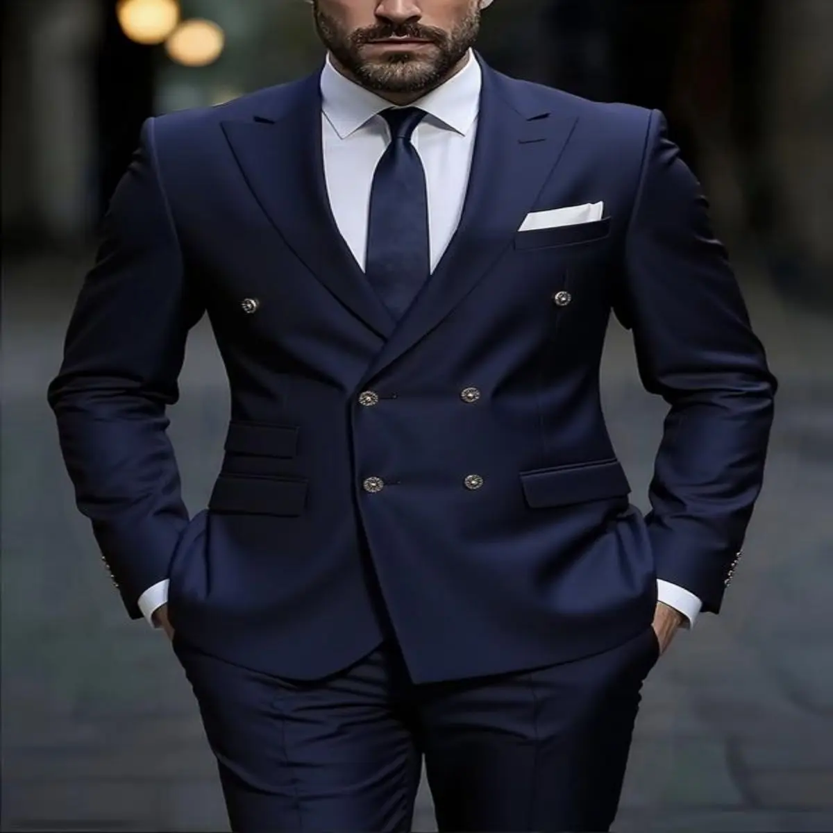 Men's Formal Suit Navy Double-Breasted Two-Piece Set Slim Fit Blazer & Pants for Interviews Business Events Size S-XXL Menswear
