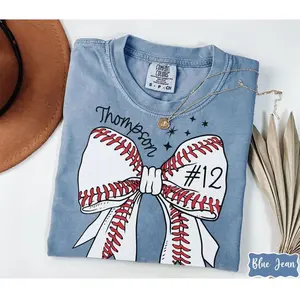 Custom Baseball Number Comfort Colors® Shirt, Baseball Bow Tee, Personalized Baseball Player Shirt, Baseball Fan Gift, Sports Mom, Game Day