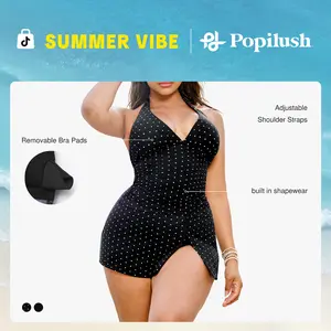 Popilush Women's Halter Neck Two-Piece Skirted Swimsuit, Solid Black Deep V Ruched Bathing Suit with Side Slit & Flattering Fit