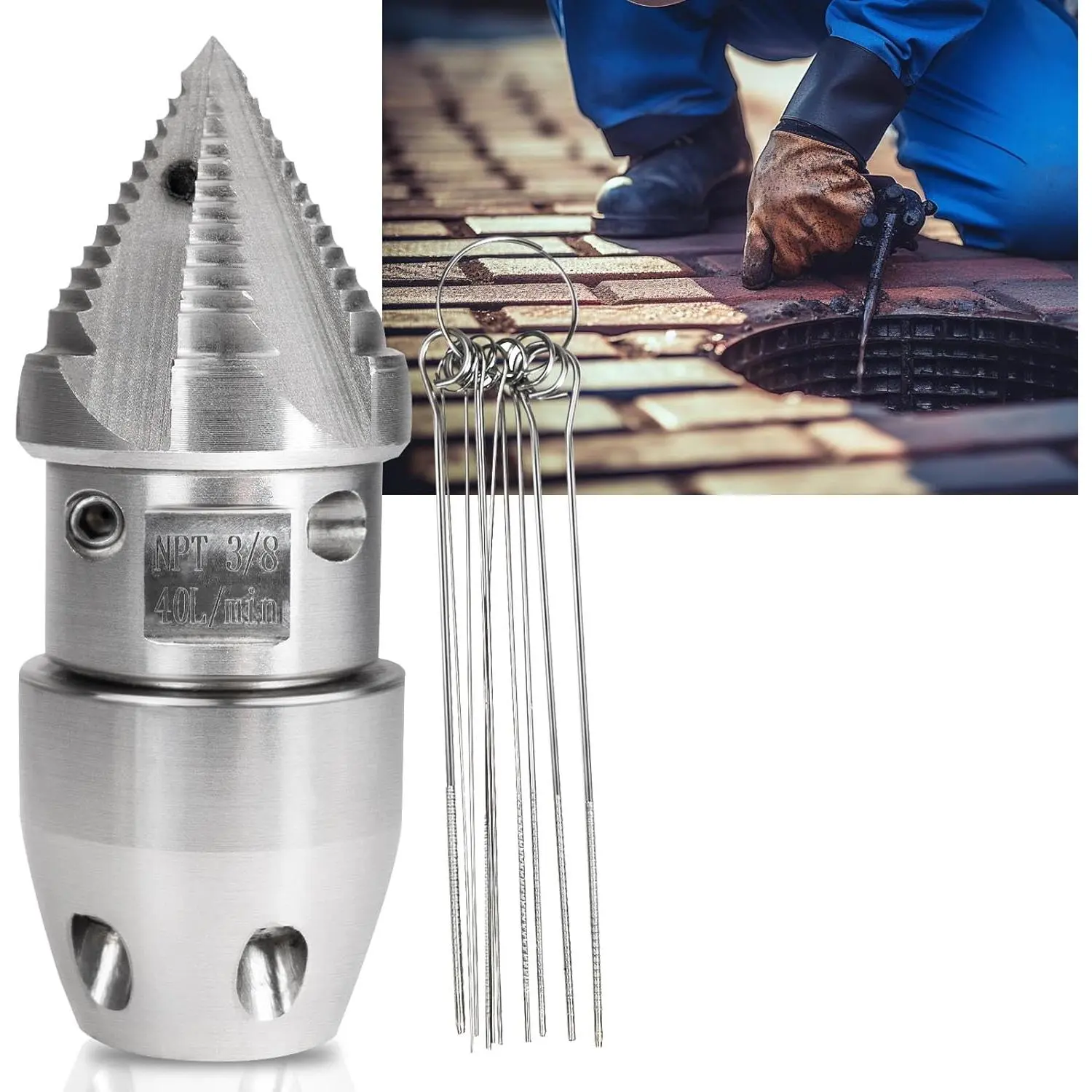 3/8 NPT, 40 L/min Sewer Jetter Rotating Nozzle - Stainless Steel, Drain Pipe Cleaning for 40 L/min Pressure Washer Cleaning