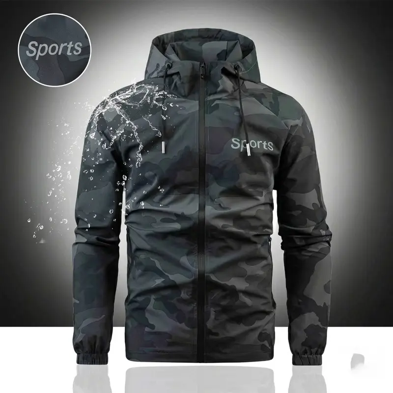 1 piece men’s spring/autumn loose-fit hooded zip-up jacket featuring a gray-and-black camouflage allover print; drawstring hood, zipper front, and elastic cuffs serve as decorative details. Suitable for holiday outings, everyday casual wear, and outdoor l