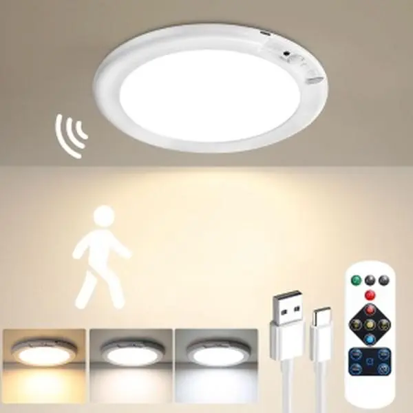 Rechargeable Ceiling Light 2-Pack, 3 Color Modes, Motion Sensor with Remote, Wireless Battery-Operated Magnetic LED Lights for Shower, Closet, Pantry, Shed, Hallway, Porch, Garage