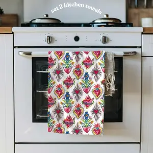 Milagritos Set of 2 Hand Kitchen Towels with Sacred Hearts Design for Mexican Home Decor, 100% Cotton, Ideal Gift for Housewarming