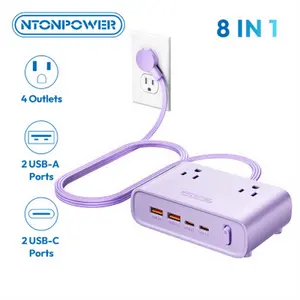 NTONPOWER Flat Plug Power Strip, Desktop Charging Station with 25W USB C Ports, Purple Extension Cord with 4 AC Outlets, 5ft Flat Extension Cord for Home Office, Dorm Room Essentials,Mother's day gift ideas