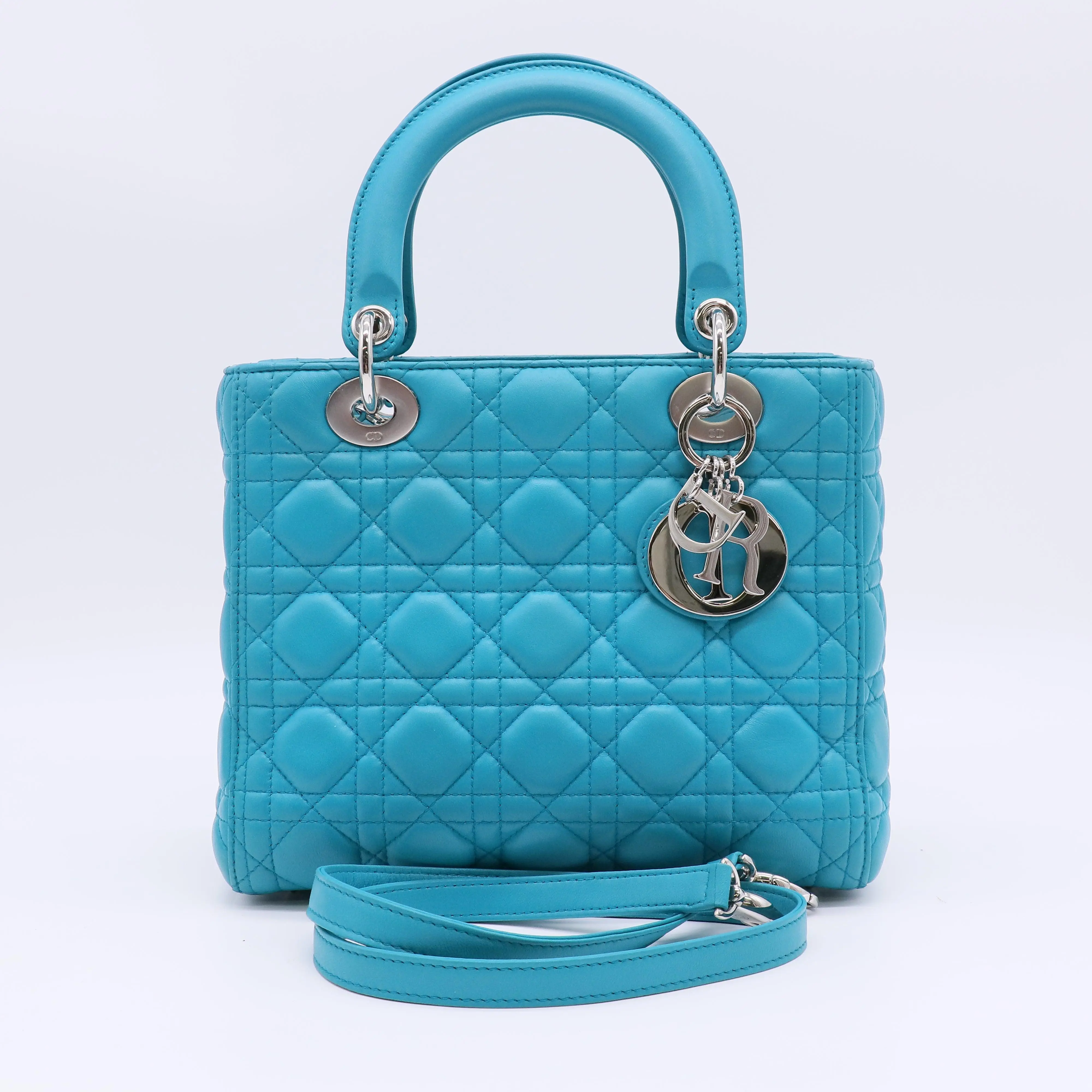 Pre-owned Dior Leather Shoulder Bags Christian Medium Lady Bag in Turquoise Cannage Lambskin B23035