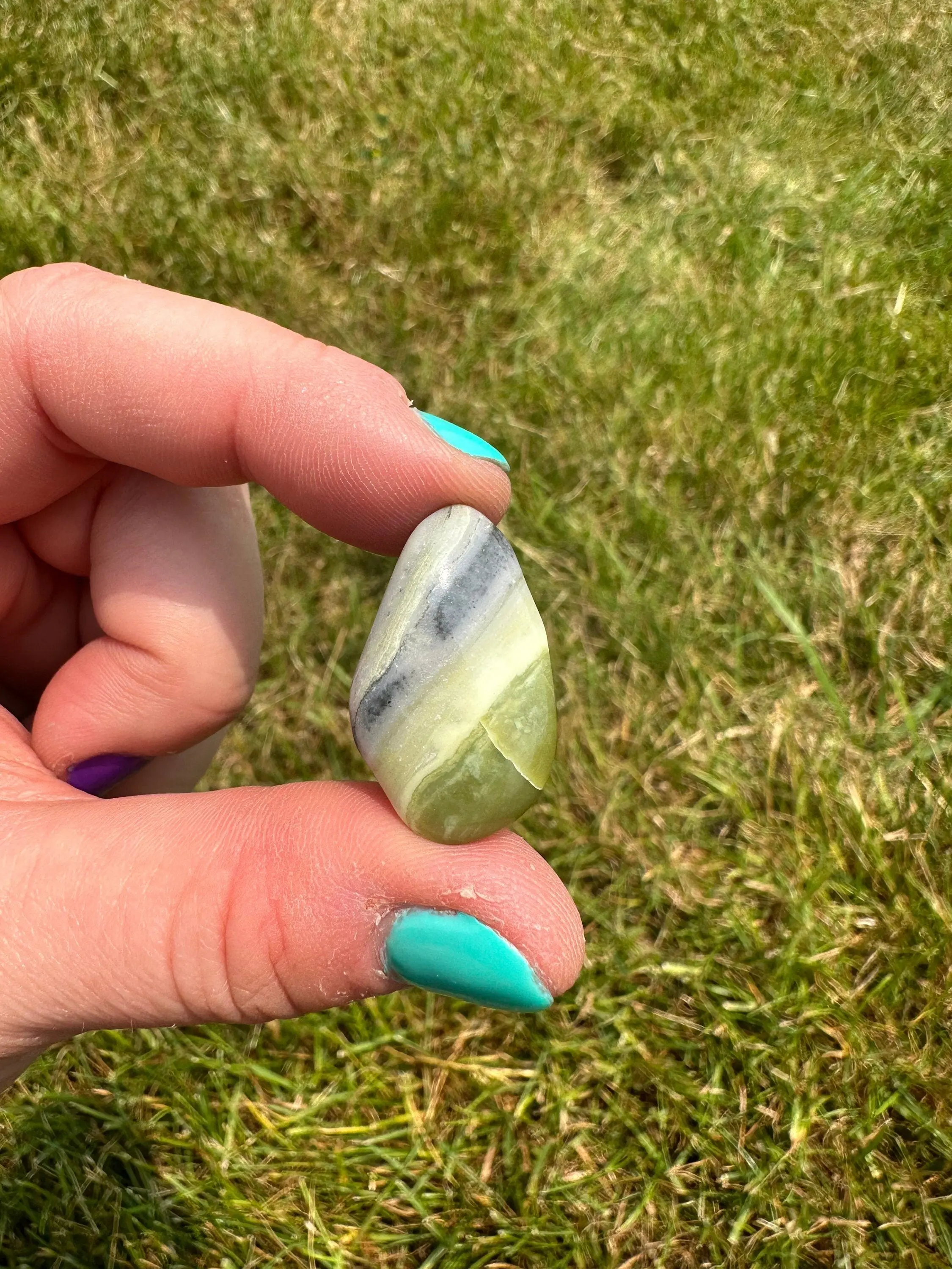 New Moon Beginnings Infinite Tumbled Stone - Natural Green with White Accents, Handheld Gemstone, Ideal for Home Decor and Personal Use