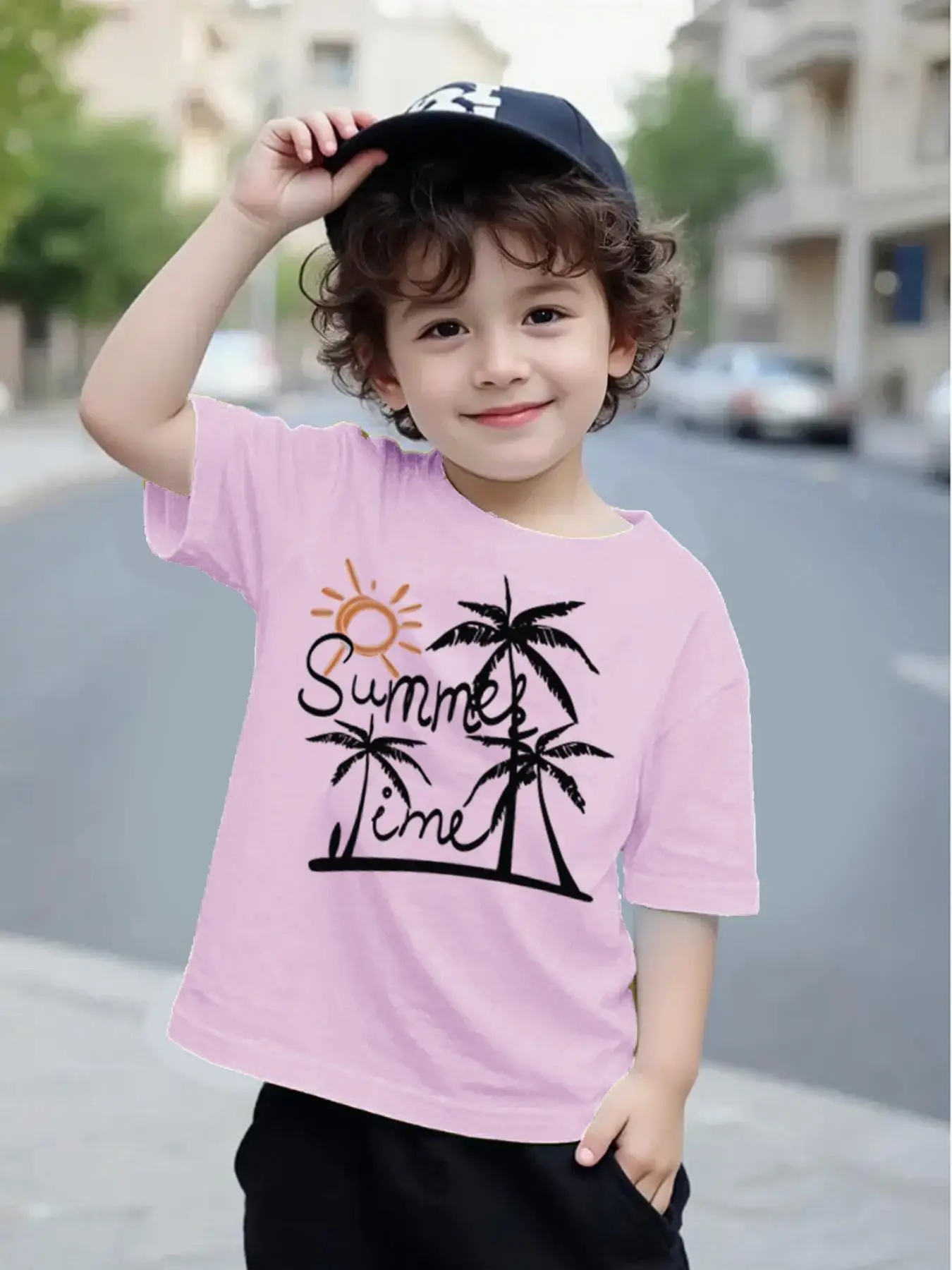 Toddler Boy's Cartoon Coconut Tree Print Round Neck Tee, Casual Short Sleeve T-shirt for Summer, Kids Clothes for Daily Wear