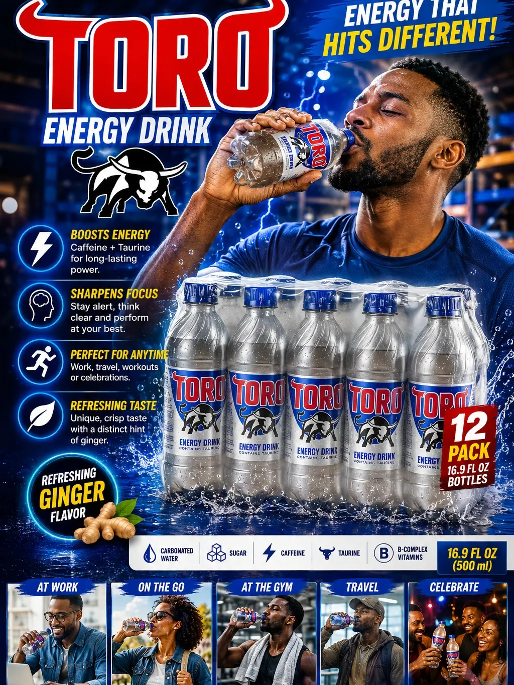 Toro Ginger Flavored Energy Drink, 12-Bottle Pack of 500ml Bottles - Quick Energy Boost for Active Adults, Best Served Cold, Refrigerated Option Available, Yes for Sports & Active Lifestyles