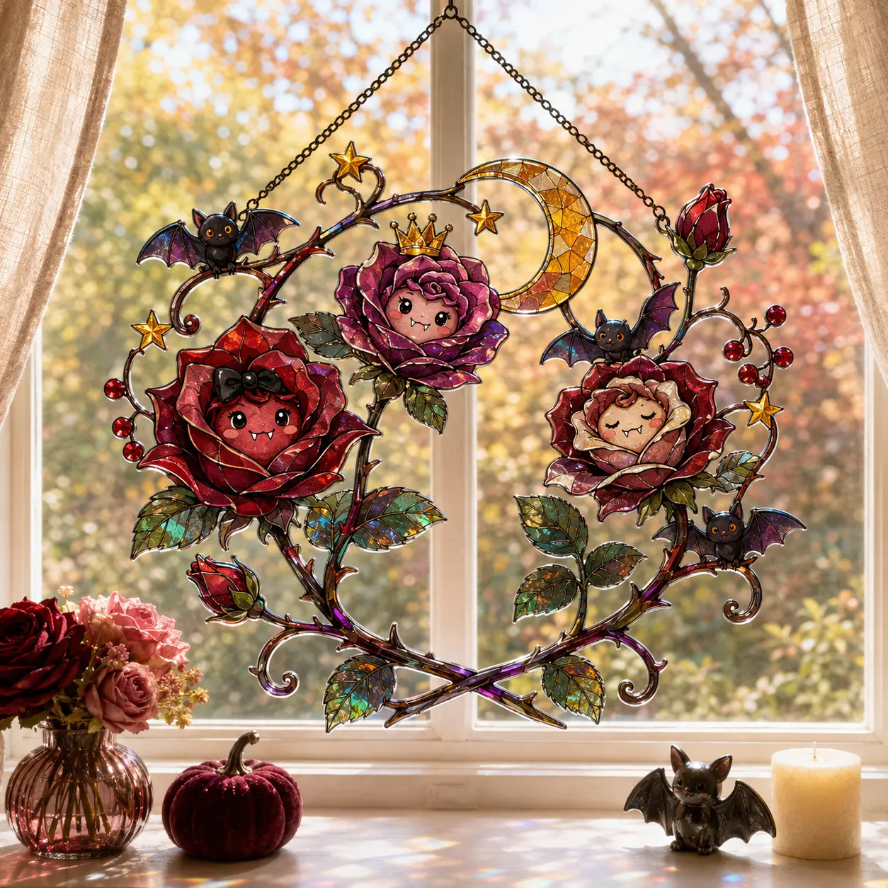 Halloween Vampire Rose Suncatcher, Crescent Moon Bat Floral Window Hanging, Cute Gothic Holographic Acrylic Fall Decor