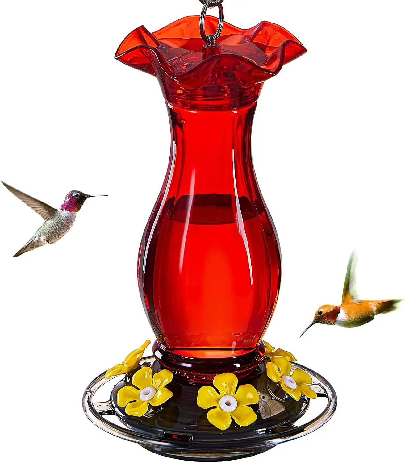 Outdoor Hanging Hummingbird Feeder, 18 oz Bird Feeding Tool with 6 Bee Guard Ports, Built-in Ant Moat, Easy-to-Clean, Durable Garden Decor (Red 1 Pack-C)