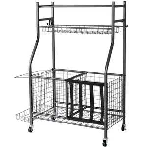 VEVOR Sports Equipment Garage Organizer, TikTokShopBlackFriday, Rolling Ball Storage Cart on Wheels, Basketball Rack with Baskets & Hooks, Indoor/Outdoor Sports Gear and Toys Storage, Steel Sports Equipment Organizer