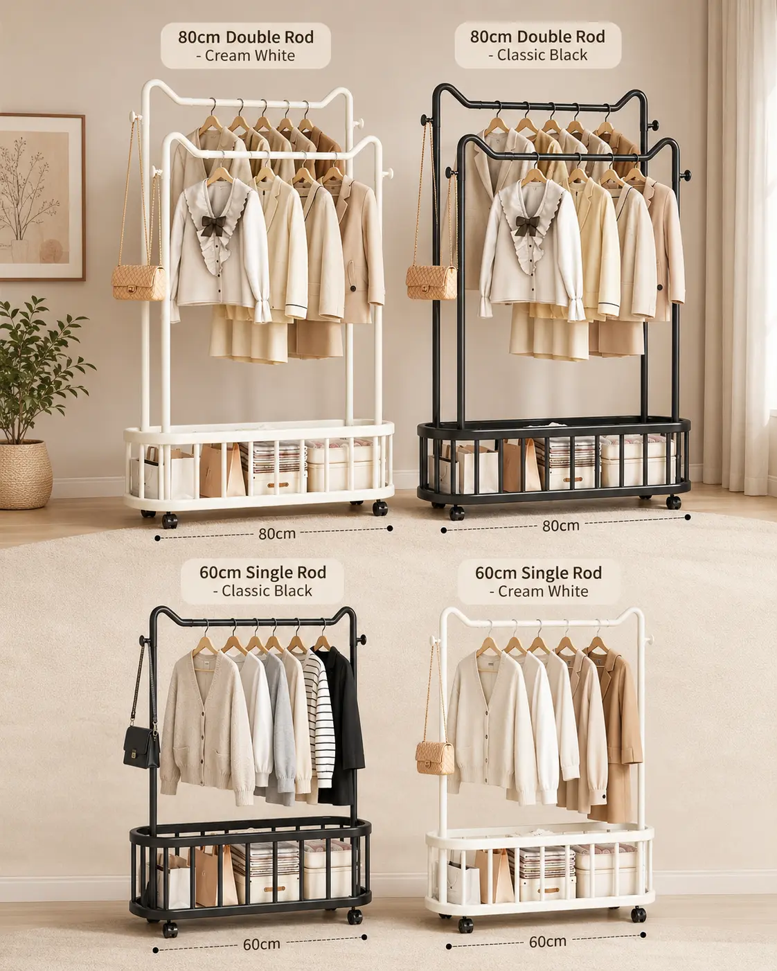 Minimalist Carbon Steel Rolling Clothes Rack with Wheels and Storage Basket - Space-Saving Garment Rack for Bedroom Closet Organization