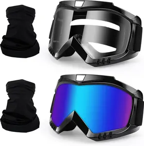 Motorcycle Motocross Goggles 2-Pack with Neck Gaiter, ATV Dirt Bike Goggles Bike Riding Offroad Wide Vision Glasses with Breathable Mask for Men Women Youth Kids(Color+Clear)
