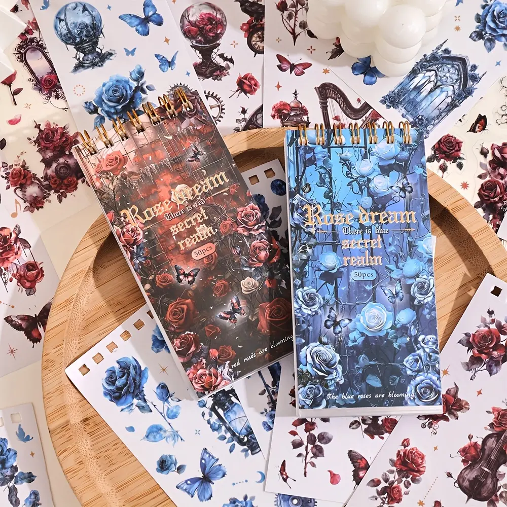 2 Pack 100 Sheets Vintage Rose Butterfly Stickers - PET And Washi Decorative Tapes for Water Bottles, Notebooks And Planners - Perfect for Crafts, Bullet Journaling And Aesthetic Projects