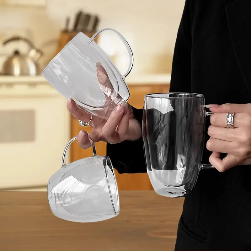 Double Layer Glass Coffee Cup with Handle, Insulated Borosilicate Glass, glass drinking cup, Drinkware, Glassware, Coffee Glass Cups, Suitable for Coffee Tea Juice Latte Cappuccino Cold Hot Drinks