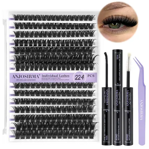 ANJOSIRMA Eyelashes Extension Set (Eye Makeup Accessories for Adults), 280pcs Natural Wispy D Curl 10-16MM Lash Clusters (100D+120D) with Bond, Seal & Tweezers, Includes Lash Tools for Cosmetic DIY Use
