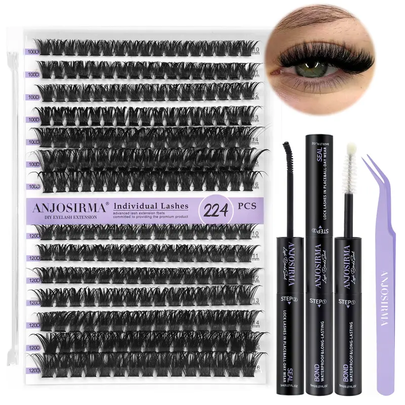 ANJOSIRMA Eyelashes Extension Set (Eye Makeup Accessories for Adults), 280pcs Natural Wispy D Curl 10-16MM Lash Clusters (100D+120D) with Bond, Seal & Tweezers, Includes Lash Tools for Cosmetic DIY Use