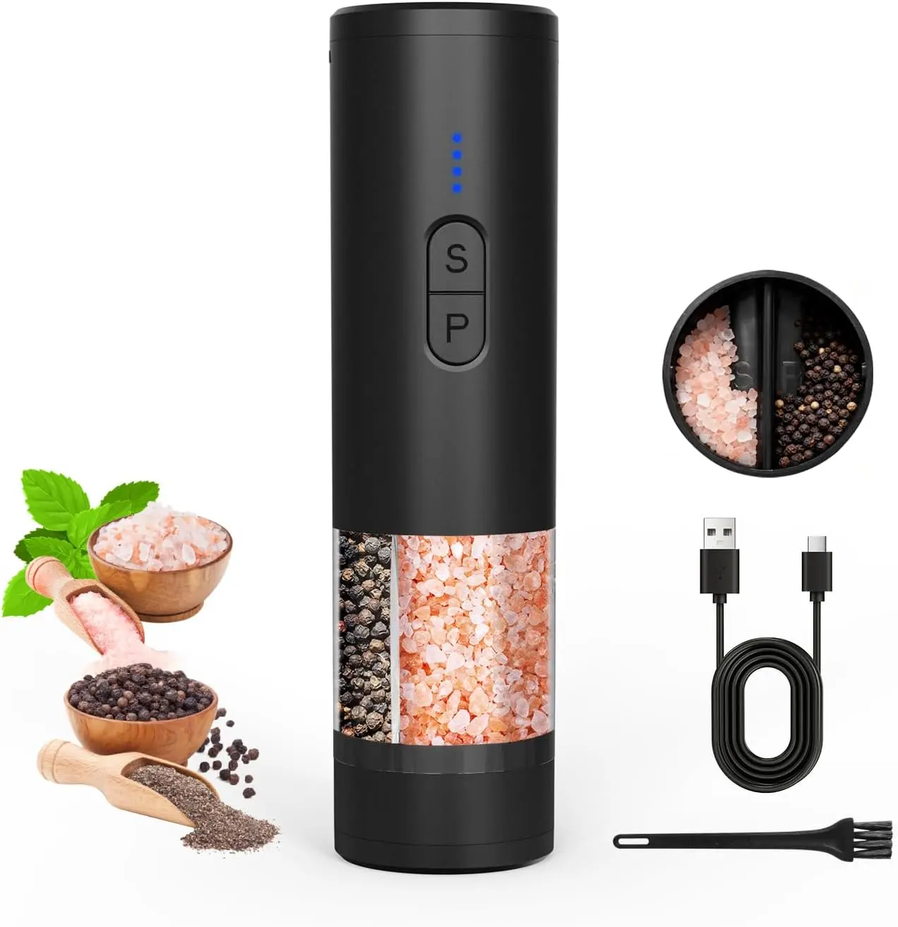 Electric Salt and Pepper Grinder Set, 2 in 1 Dual Bins USB Rechargeable Refillable Automatic Salt and Pepper Mill Shaker with LED Light, Dual Ceramic Grinder Adjustable Coarseness, kitchen gift, Black,Silver Stainless