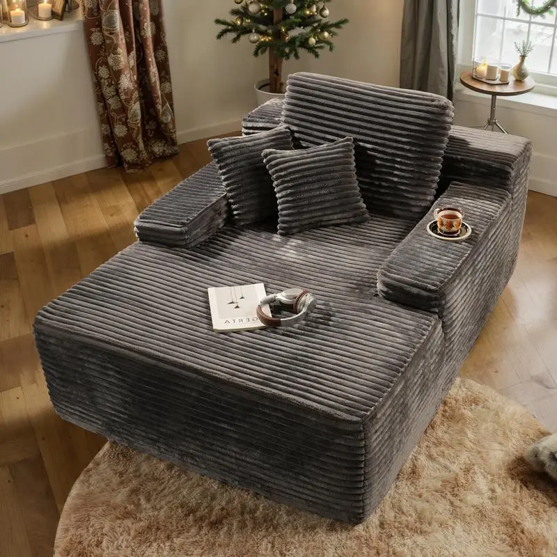 Oversized 48'' Boneless Chaise Lounge, Upholstered Sofa Bed with Throw Pillows and Armrests, Indoor Sleeper Chair- Luxurious Plush Corduroy Chair Bed for Living Room - No Assembly Required soft Sectional Sofa Couch