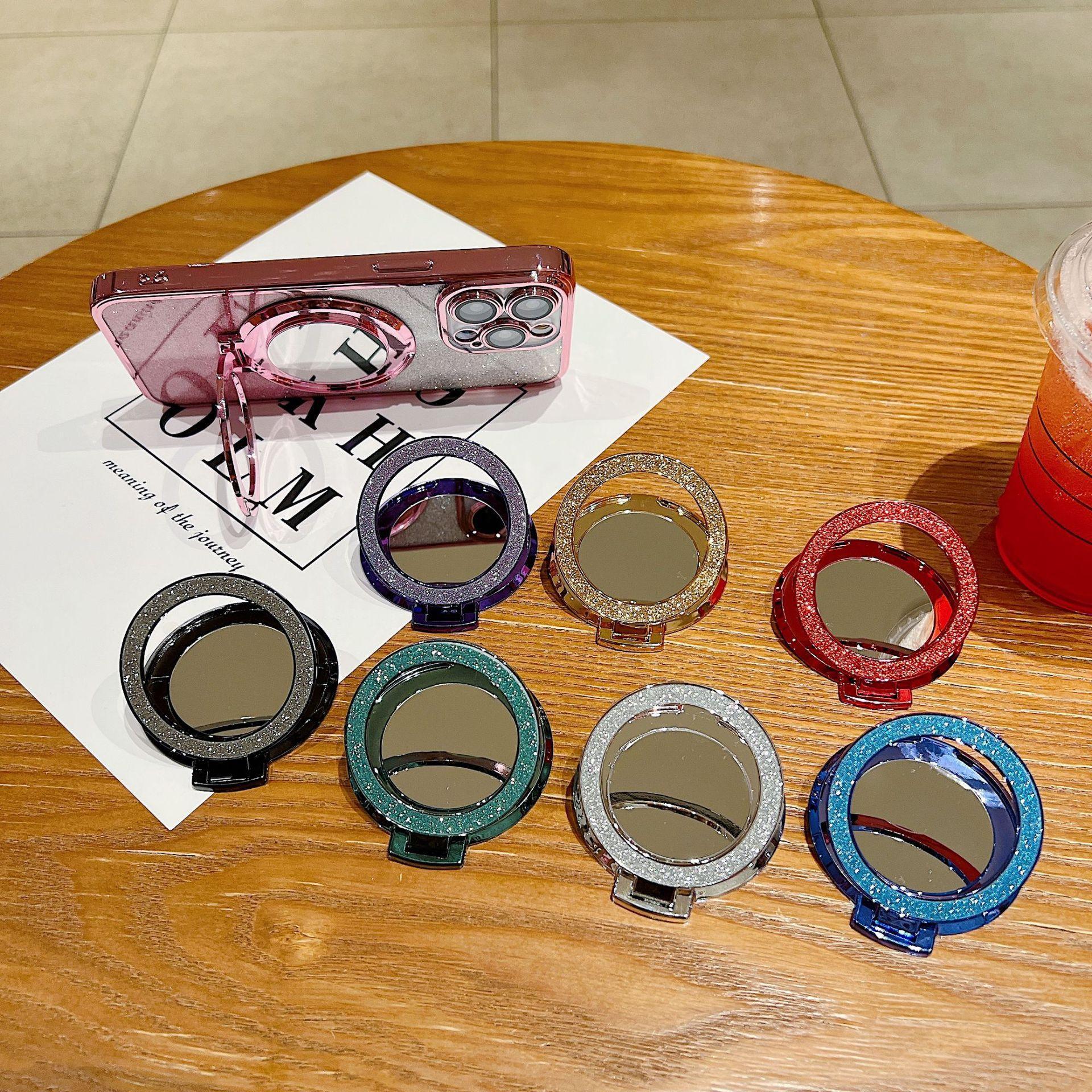 360-Degree Rotating Rhinestone & Glitter Mirror Stand — Universal Mobile Phone Holder, Desktop Support Ring, Adhesive Back Stand.