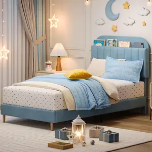 Twin Bed Frames, Velvet Upholstered Platform Bed Frames with Bookcase Headboard, Heavy Duty Steel Support Legs, Easy Assembly, Noise Free, Light Blue