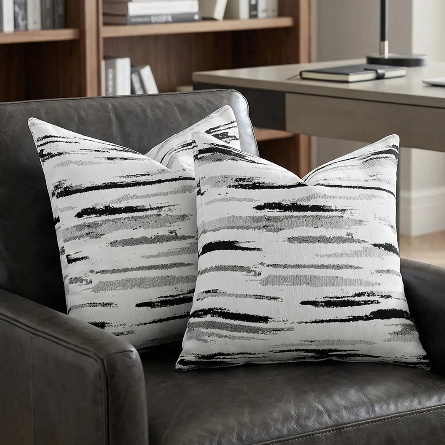 Ellalora 2-Pack Modern Minimalist Chenille Jacquard Throw Pillow Covers, Black and White Brush Stroke Soft Cushion Cases, Textured Decorative Shams for Sofa, Bed, 18x18 In (No Inserts), Soft Cushions