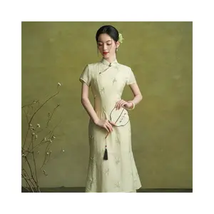 Pale Yellow Embroidered Mermaid Qipao Dress | Neo-Chinese Cheongsam, Modern Oriental Dress, Elegant Evening / Daily Wear