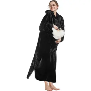 Long Wearable Blanket Hoodie-Soft Lightweight Flannel Hooded Blanket Sweatshirt as Day Gifts-Black