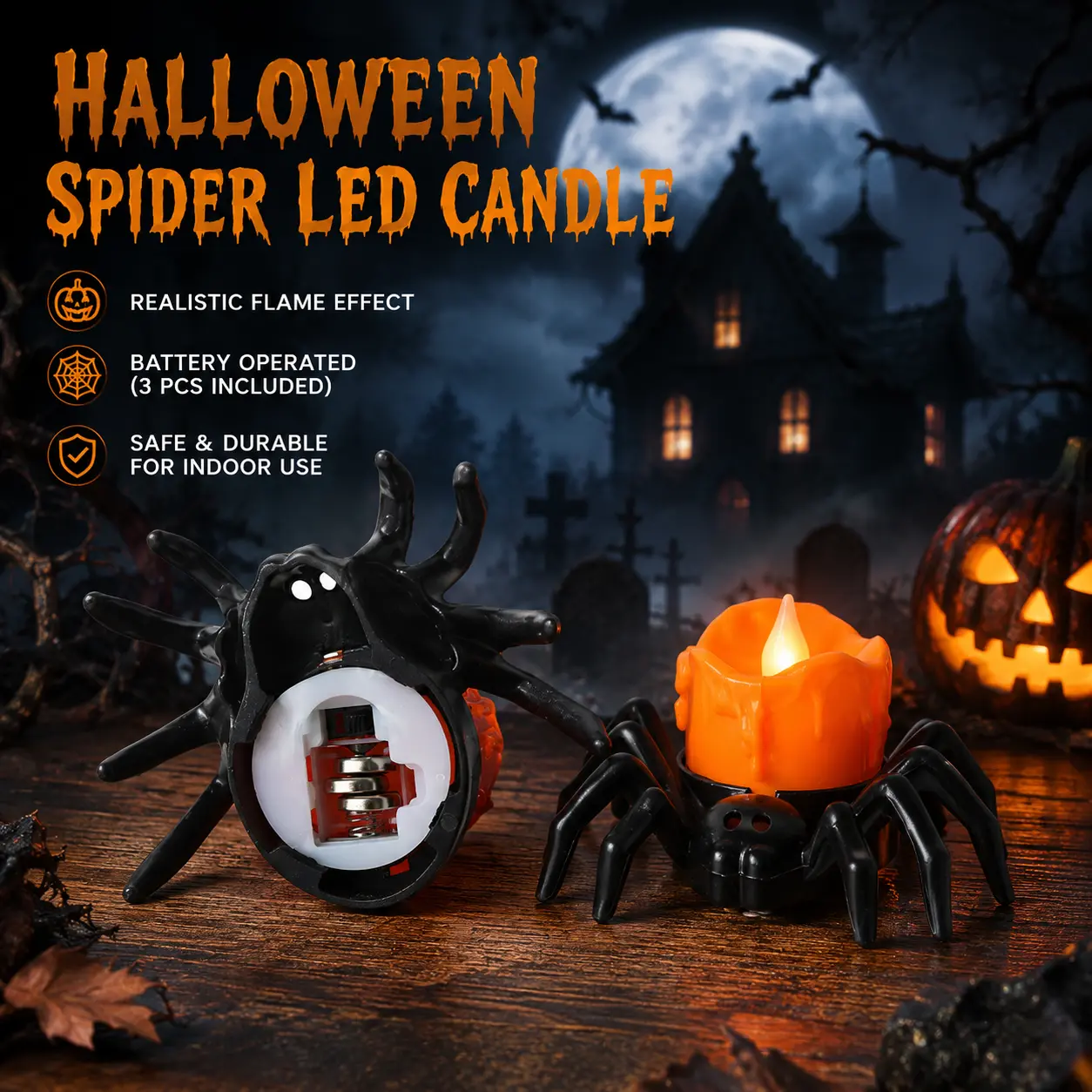 Gothic Halloween Spider Flameless LED Candle - Battery-Operated Flickering Mini Candle Light with Switch, Photo Props for Haunted House, Window Tabletop Decor