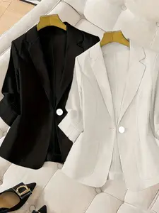 Women's two-piece plain color Fitted single-breasted double-pocket half-sleeve five-point suit jacket, Notched Lapel Blazer, suitable for spring and summer suitable for commuting outfit.