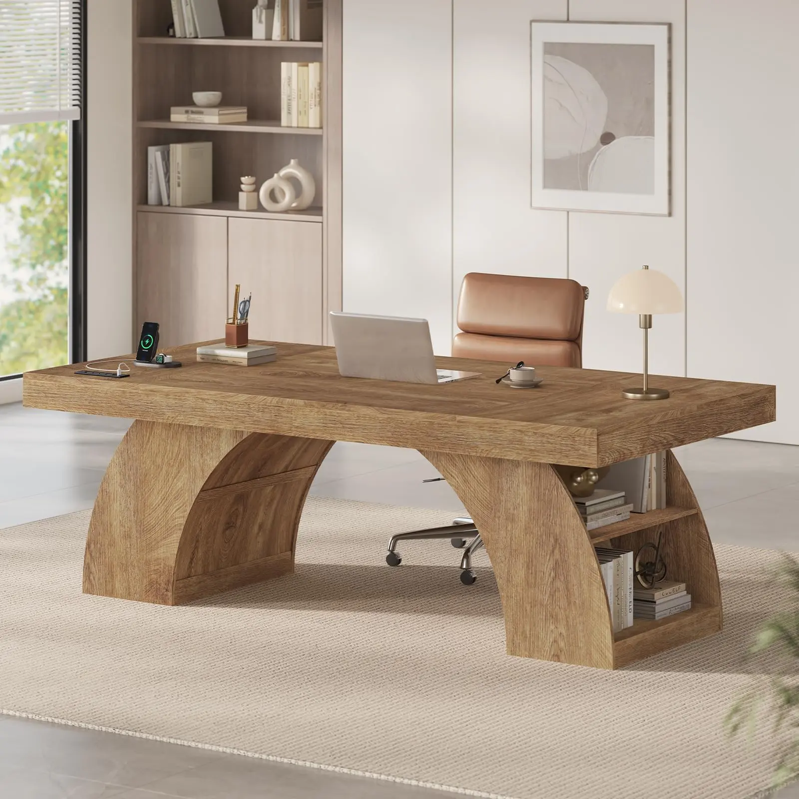 70.9" Executive Desk with Power Outlet & Storage Shelves, Large Modern Computer Desk with Arched Design Legs, Workstation Business Furniture Writing Table for Home Office, Oak