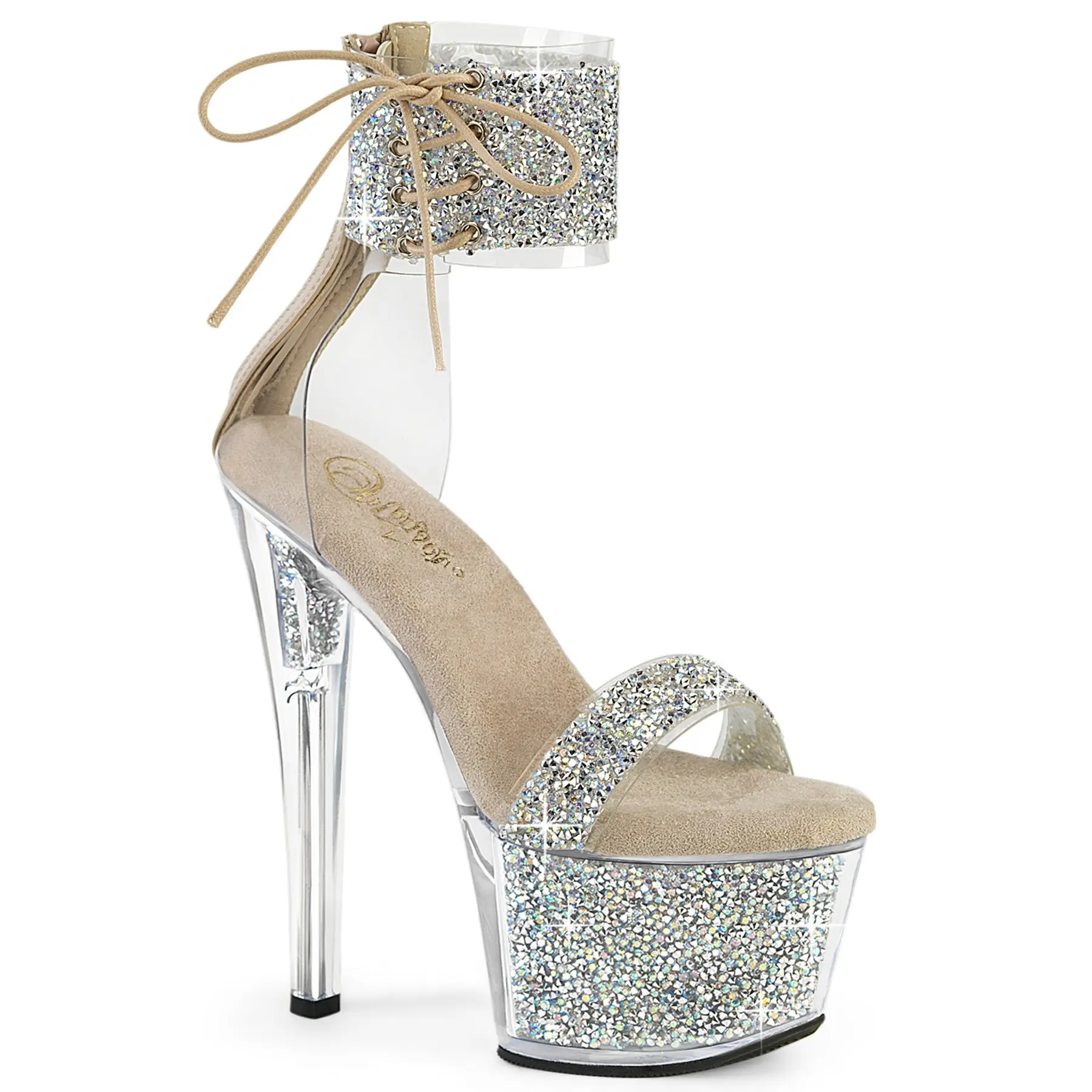 Women's Rhinestone Platform Sandals - Footwear with Ankle Cuff, Stylish Elegant 7-in Stiletto High Heels, Fashion Apparel for Clubwear (Nude, Silver), Rhinestone Sandals, Leg-Lengthening, Open Toe, Side Lacing, Performance, Lace, Heeled, Statement Shoes,,