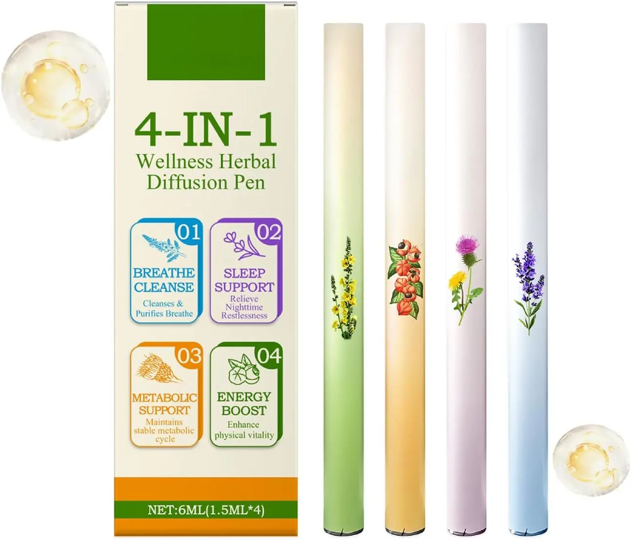 Mullein Herbal Diffuser Pen, Natural Aromatherapy Air Inhaler Stick with Mullein Thyme Mint, Four Aroma Variety Set,Air Freshening, Relaxed Feelings, Portable Pocket Size (4 Pack)