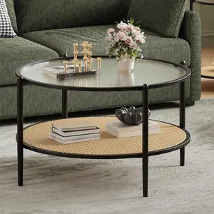 30" Rattan Coffee Table, 2-Tier Round End Table with Storage, Round Water-Wave Glass Metal Center Tables, Modern Circular Black Coffee Tables for Small Space, Living Room, Office