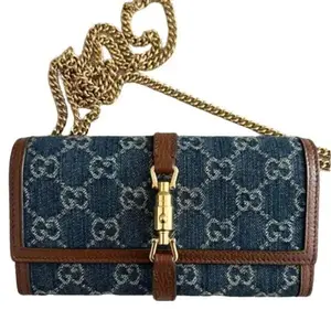 Pre-owned GUCCI Canvas and Leather Crossbody Bags New Denim GG Monogram Jackie 1961 Chain Wallet Blue Tea Cuir