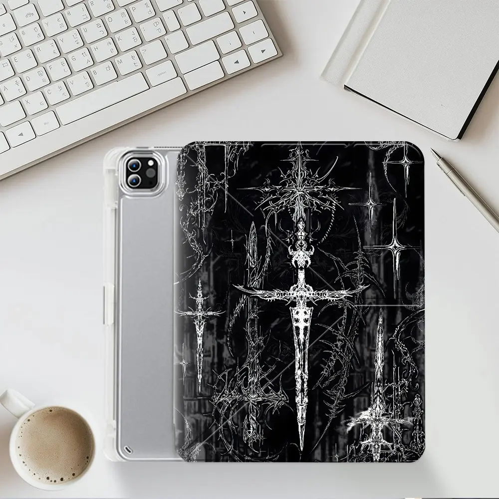 Black Gothic Cross Sword Pattern iPad protective case, Tablet cover, casing, accessories, Ipad Covers, acrylic Y folding stand fits all iPad models 7.9/10.2/11/12.9 inch, featuring protection against scratches and impacts