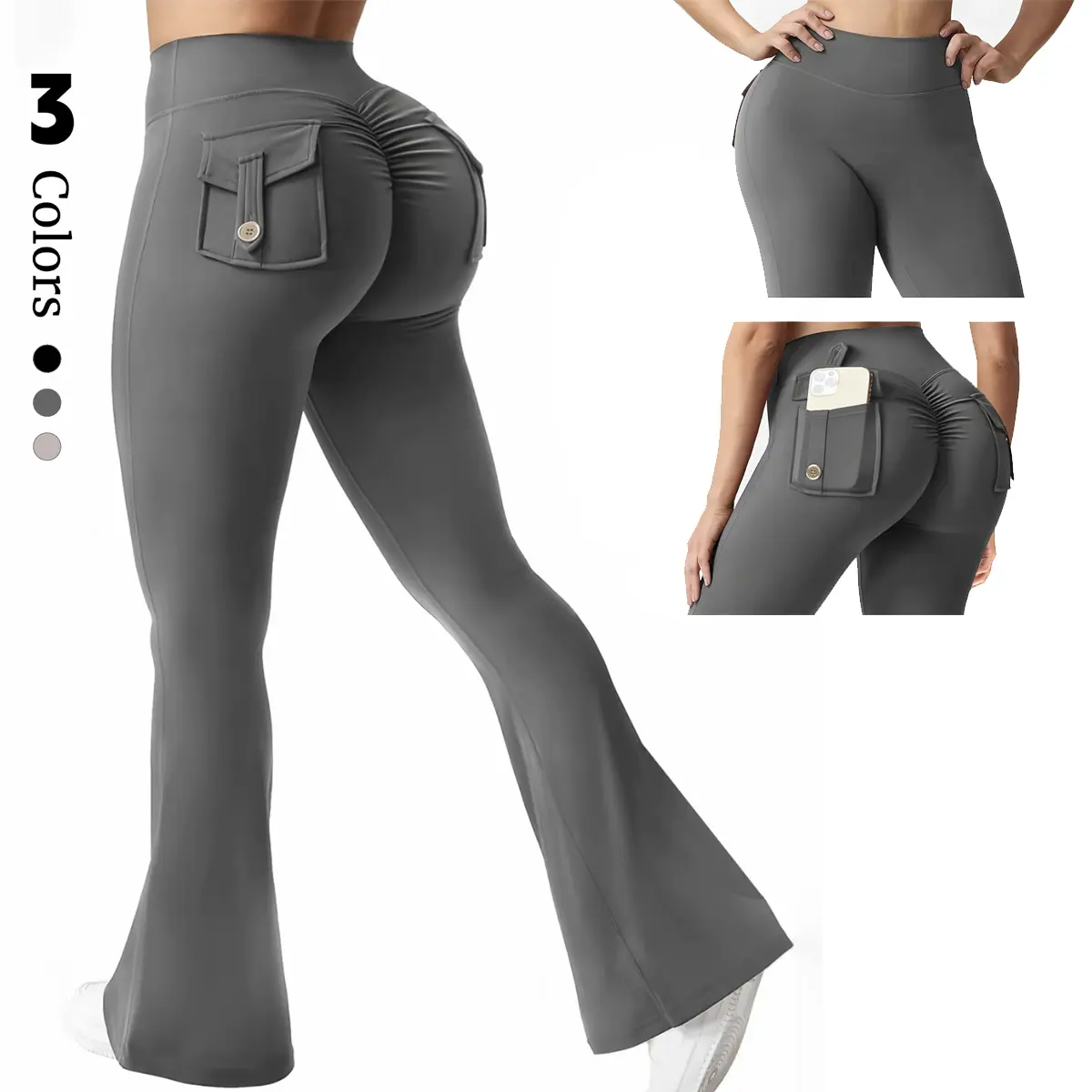 Women's High Waisted Cargo Flare Leggings with Pockets - Elastic, Scrunch, Butt Lifting Activewear Pants, Breathable Athletic Bottoms, Compression Yoga Pants, Female Gym Clothes for Gym, Yoga