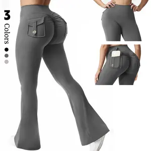Women's High Waisted Cargo Flare Leggings with Pockets - Elastic, Scrunch, Butt Lifting Casual Bell Bottoms for Gym, Yoga