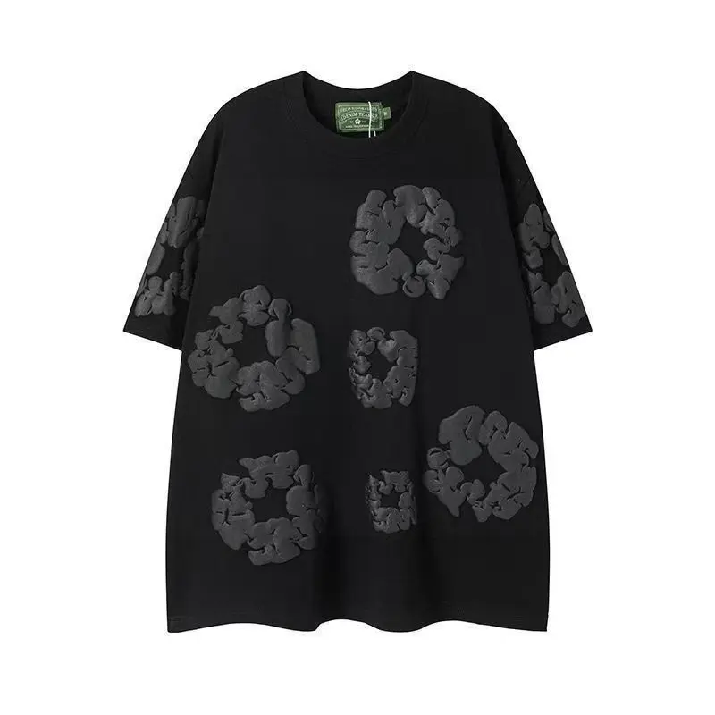 Denim Tears Men's Crew Neck Short Sleeve T-Shirt, 3D FoamFloral Print Loose Fit Cotton Tee, Casual Streetwear for DailyOuting Skate Hip Hop