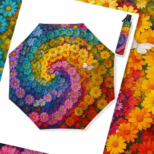 Rainbow Flower Sea Whirlwind Automatic Umbrella, Oil Painting Style UV Protection Sunshade, Casual Clear Rainproof Dual-Use Umbrella, Automatic Folding Umbrella