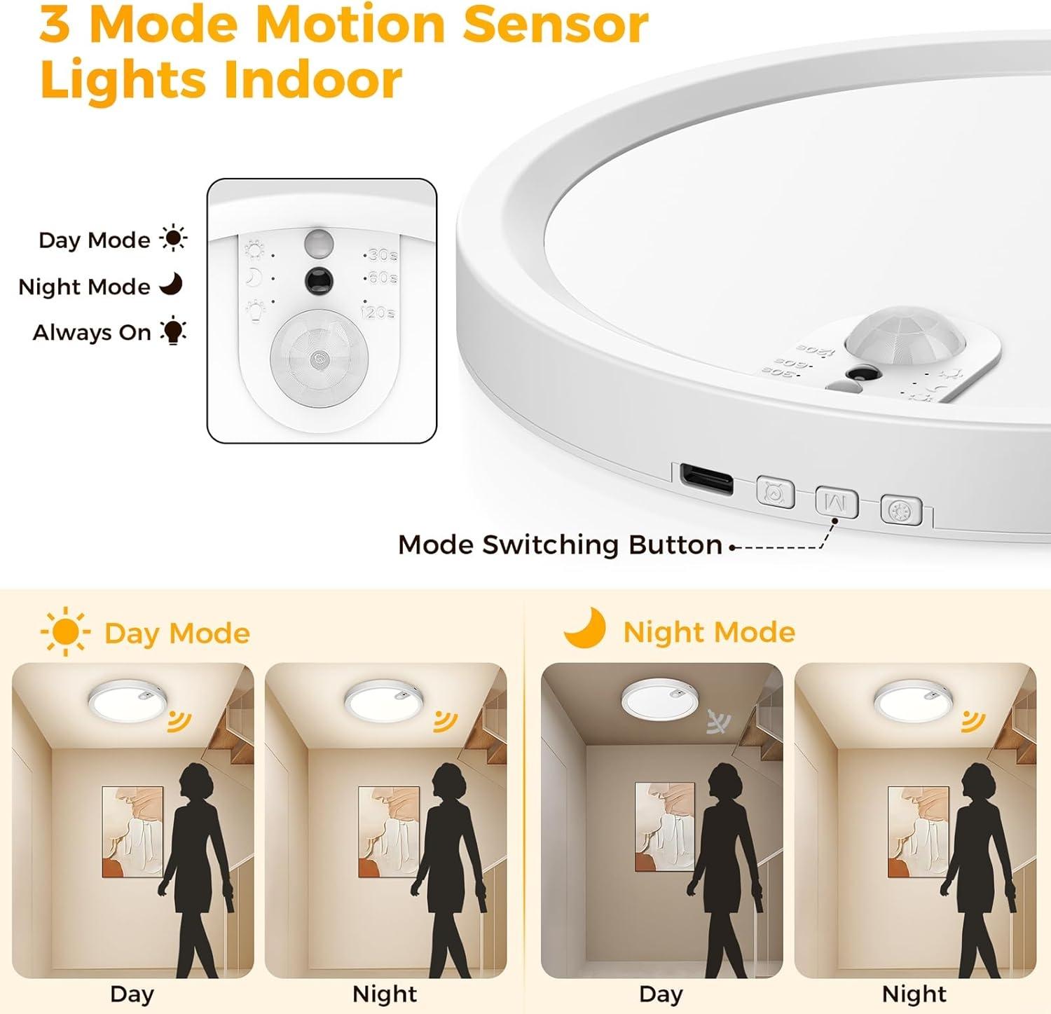 Rechargeable Ceiling Light , 3 Color Modes, Motion Sensor with Remote, Wireless Battery-Operated Magnetic LED Lights for Shower, Closet, Pantry, Shed, Hallway, Porch, Garage