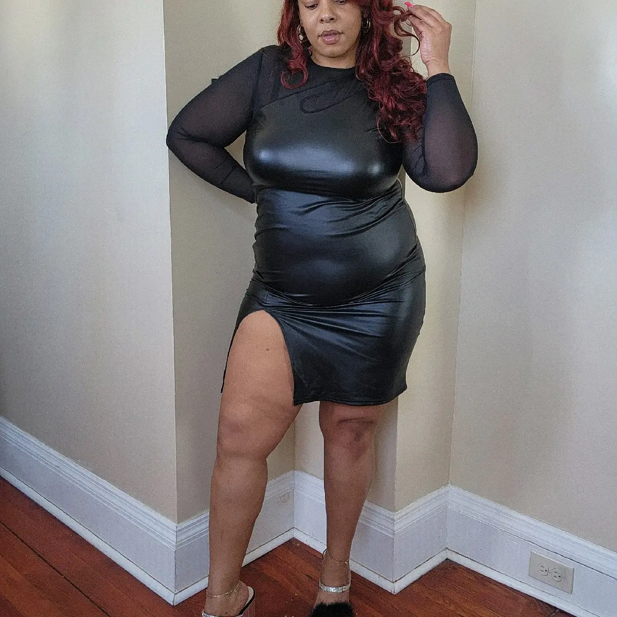 shein plus size bodycon dresses - Slayr Women's Elegant Solid Color Slim Fit Mesh Splice Pu Split Hem Dress Casual formal elegant shein plus size dresses