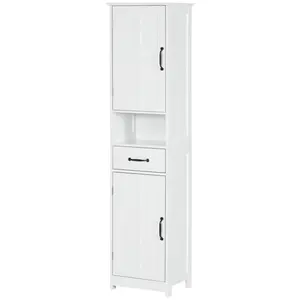 kleankin Slim Bathroom Storage Cabinet, Tall Bathroom Cabinet, Linen Tower with Open Shelf, Drawer, Recessed Doors, and Adjustable Shelves, White