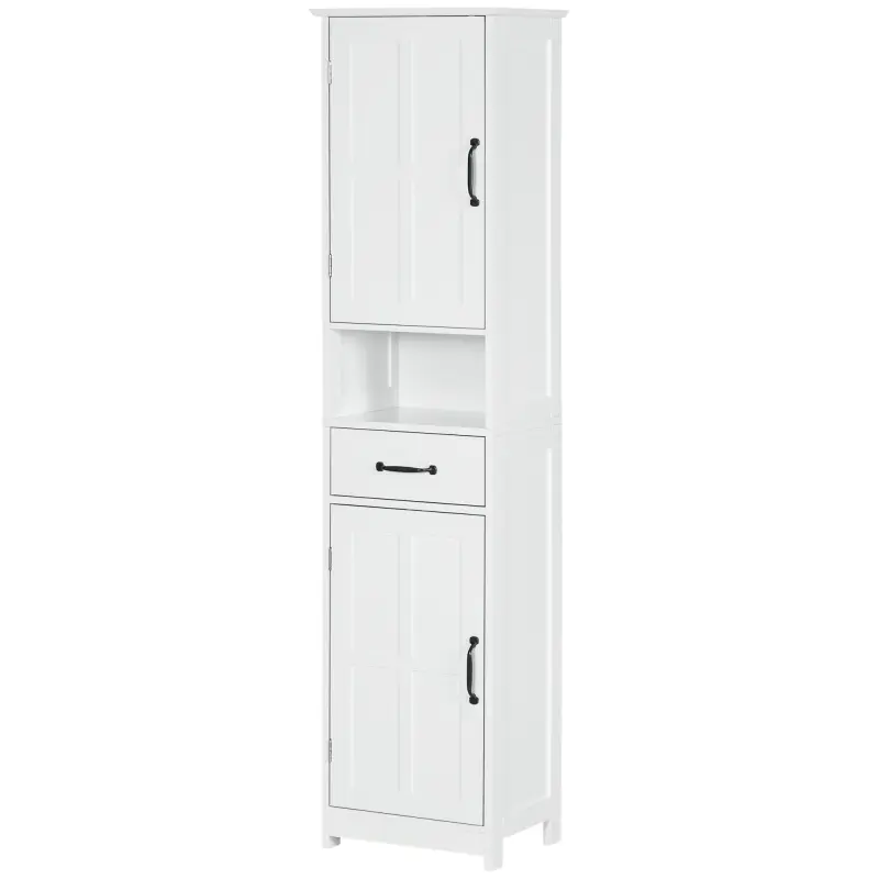 Kleankin Modern Slim White Tall Bathroom Storage Cabinet - Linen Tower with Open Shelf, Drawer, Recessed Doors, Adjustable Shelves, 44 lbs Capacity, 5 - 10 Kg Load Range, Durable, Assembly Required, Regular Door