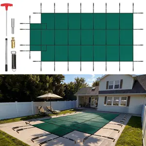 fathersdaygift VEVOR Pool Safety Cover Fits 16x32ft Rectangle Inground Pools, Safety Pool Cover with 4x10ft Center End Step, Mesh Solid Pool Cover with Drainage Holes for Swimming Pool, Winter Safety Cover, Green